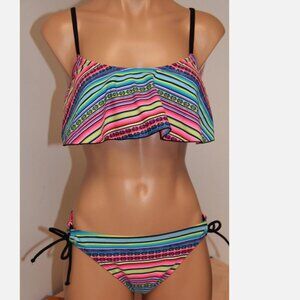 NWT Hula Honey Swimsuit Bikini 2 piece set Sz L Multi-Color Tie Side
